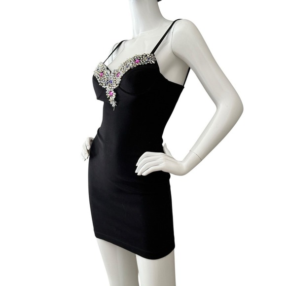 Vintage 90s Contempo Strappy Bodycon Mini Dress S Black Bejeweled Party Clubwear - Picture 4 of 16